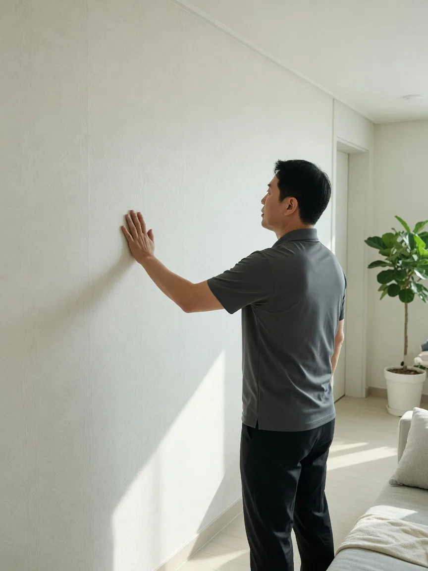 벽지를 밀어 이음을 확인하는 손